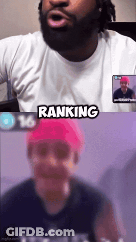 A Man In A White Shirt Is Talking To Another Man In A Pink Hat And The Words Ranking Are Above Him GIF