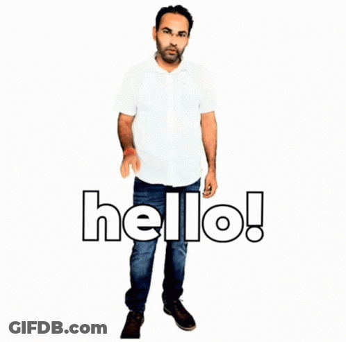 A Man In A White Shirt Is Waving His Hand In Front Of The Word Hello GIF