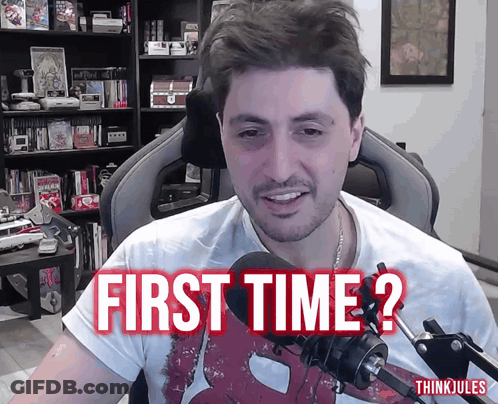 A Man In A White Shirt Says First Time GIF