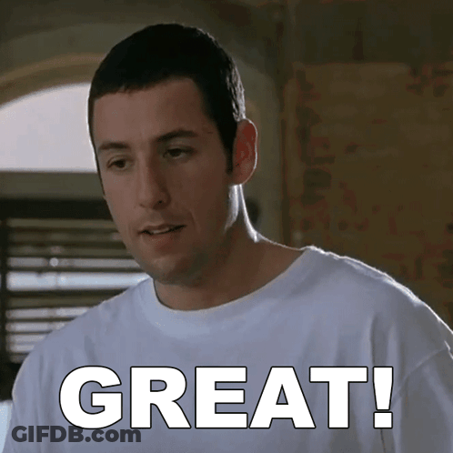 A Man In A White Shirt Says " Great " In White Letters GIF