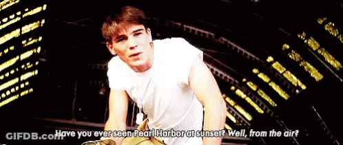A Man In A White Shirt Says " Have You Ever Seen Pearl Harbor At Sunset " GIF
