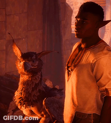 A Man In A White Shirt Stands Next To A Giant Bird GIF