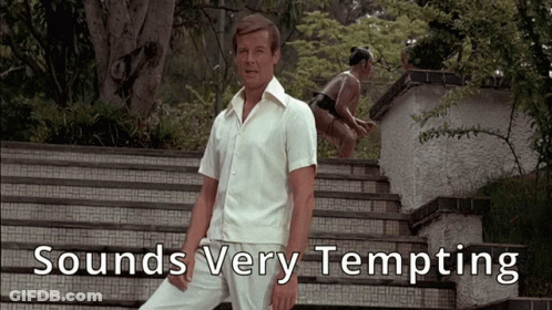 A Man In A White Shirt Stands On A Set Of Stairs With The Words Sounds Very Tempting Above Him GIF