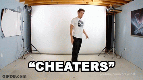 A Man In A White Shirt That Says Love Move Me Is Standing In Front Of A White Backdrop That Says " Cheaters " GIF