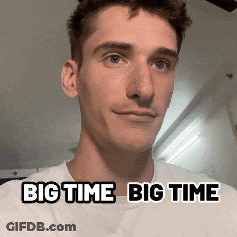 A Man In A White Shirt With The Words Big Time Big Time Above His Head GIF