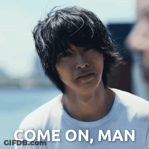 A Man In A White Shirt With The Words Come On Man Behind Him GIF
