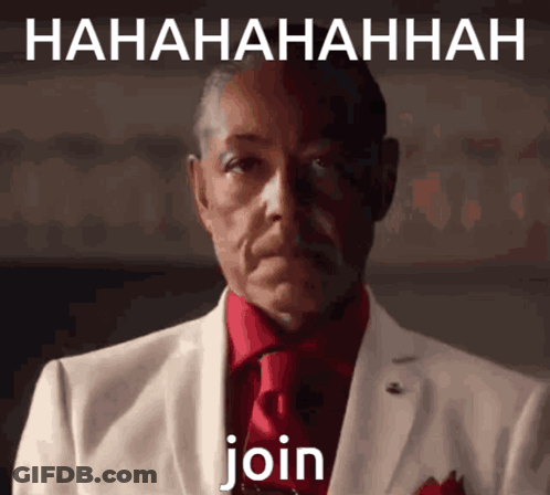 A Man In A White Suit And Red Tie Is Laughing With The Words Join Below Him GIF