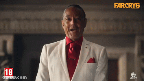 A Man In A White Suit And Red Tie Is Standing In Front Of A Far Cry 6 Advertisement GIF