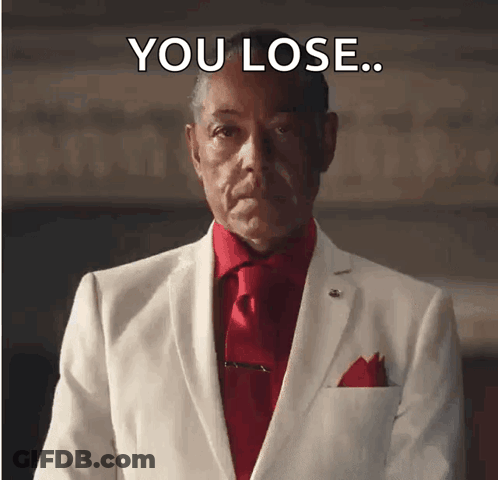 A Man In A White Suit And Red Tie With The Words You Lose Above Him GIF