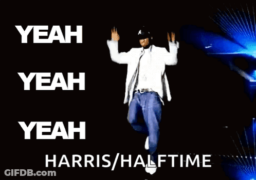 A Man In A White Suit Is Dancing With The Words " Yeah Yeah Yeah Harris / Halftime " Above Him GIF