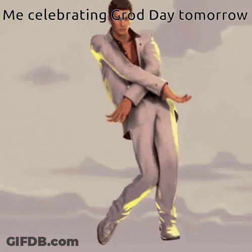 A Man In A White Suit Is Jumping In The Air With A Caption That Says Me Celebrating Grod Day Tomorrow GIF