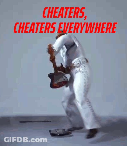 A Man In A White Suit Is Playing A Guitar With The Words " Cheaters Cheaters Everywhere " Written Above Him GIF