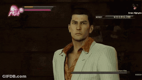 A Man In A White Suit Is Playing A Video Game With A Lion King In The Background GIF
