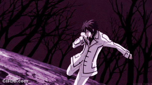 A Man In A White Suit Is Running Through A Purple Forest GIF