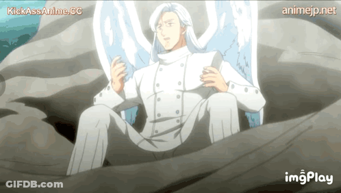 A Man In A White Suit Is Sitting On A Rock With The Words Kickassanime.cc At The Top GIF