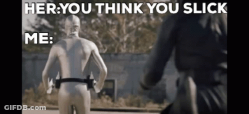 A Man In A White Suit Is Standing In Front Of A Woman On A Motorcycle And Says " Her You Think You Slick Me " GIF