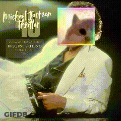 A Man In A White Suit With A Cat On His Face Is On A Michael Jackson Thriller Album Cover GIF