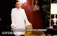A Man In A White Sweater Says I 'M A Baby I Have No Money . GIF