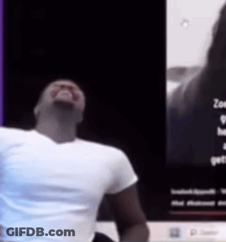 A Man In A White T-Shirt Is Dancing In Front Of A Screen That Says Zoe GIF