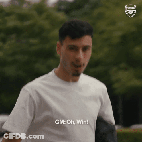 A Man In A White T-Shirt Says Gm : Oh , Win ! GIF