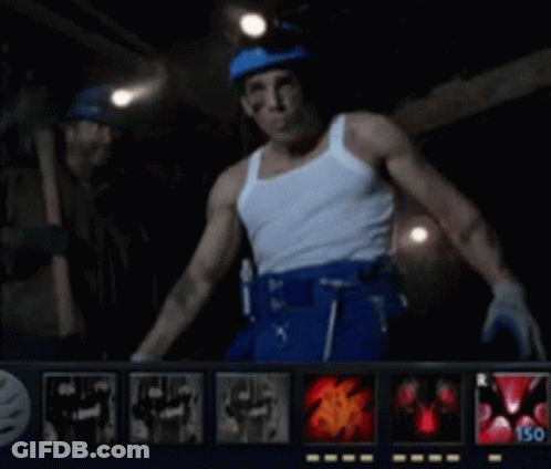 A Man In A White Tank Top And Blue Pants Is Standing In Front Of A Screen That Says 150 GIF