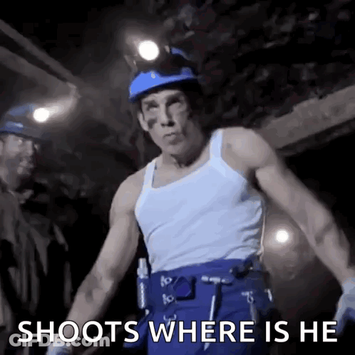 A Man In A White Tank Top And Blue Pants With The Words Shoots Where Is He GIF