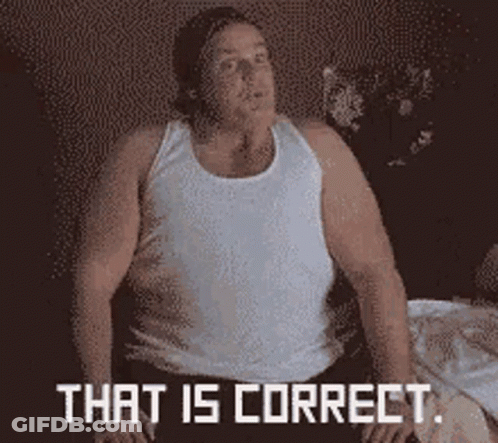 A Man In A White Tank Top Is Sitting On A Bed With The Words That Is Correct Written On The Bottom GIF