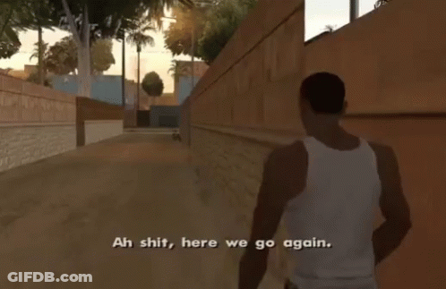 A Man In A White Tank Top Is Walking Down A Street And Says Ah Shit Here We Go Again GIF