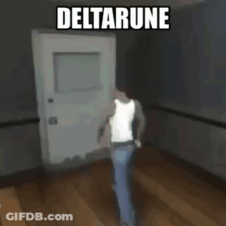 A Man In A White Tank Top Is Walking In A Dark Room With The Words Deltarune Above Him . GIF