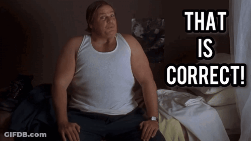A Man In A White Tank Top Sits On A Bed With The Words " That Is Correct " Above Him GIF