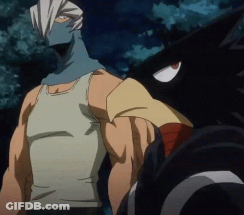 A Man In A White Tank Top Stands Next To A Black Bird With Red Eyes GIF
