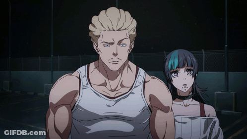 A Man In A White Tank Top Stands Next To A Girl With Blue Hair GIF