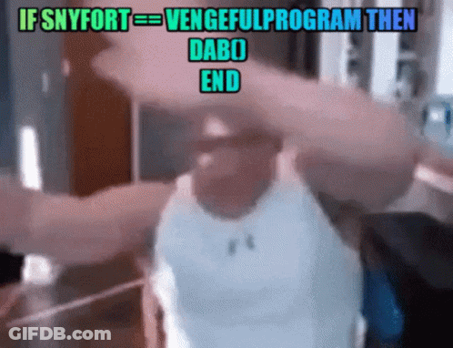 A Man In A White Under Armour Shirt Is Dancing With The Words If Snyfort Vengeful Program Then Dabo End GIF