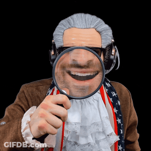 A Man In A Wig And Headphones Is Holding A Magnifying Glass In Front Of His Face GIF