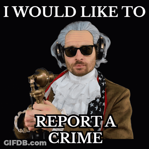 A Man In A Wig And Sunglasses Is Holding A Microphone And Says " I Would Like To Report A Crime " GIF