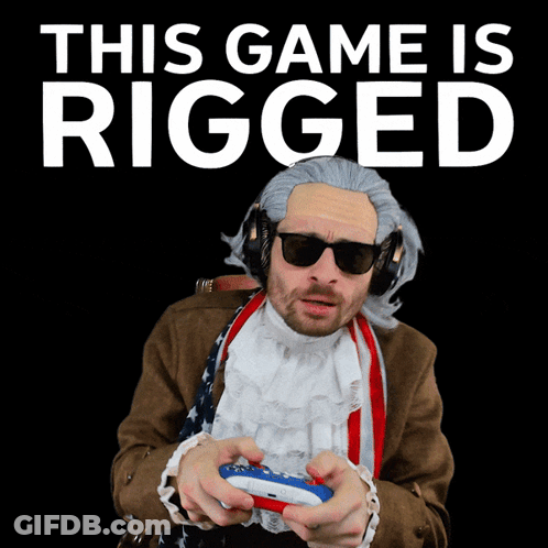 A Man In A Wig And Sunglasses Is Holding A Video Game Controller Under The Words This Game Is Rigged GIF