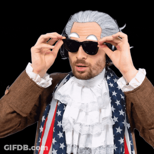 A Man In A Wig And Sunglasses Is Wearing An American Flag GIF