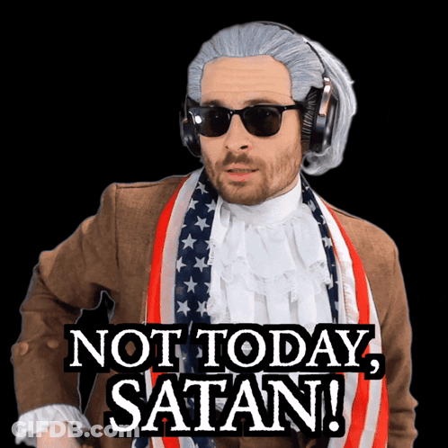 A Man In A Wig And Sunglasses Says " Not Today Satan " GIF