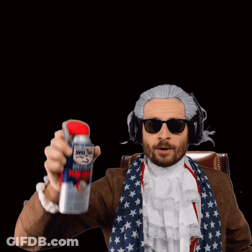 A Man In A Wig Is Holding Up A Can Of Penetrant GIF