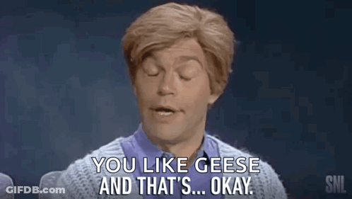 A Man In A Wig Is Saying `` You Like Geese And That 'S Okay . '' GIF