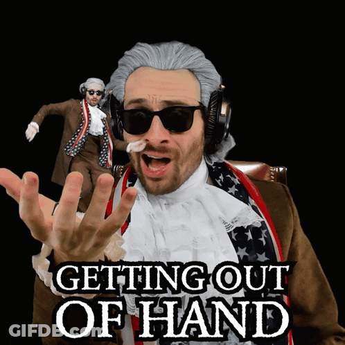 A Man In A Wig Is Wearing Headphones And Sunglasses And Says " Getting Out Of Hand " GIF