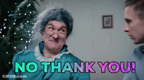 A Man In A Wig Says No Thank You To A Woman In A Blue Dress GIF