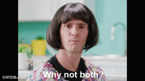 A Man In A Wig Says Why Not Both In A Kitchen GIF