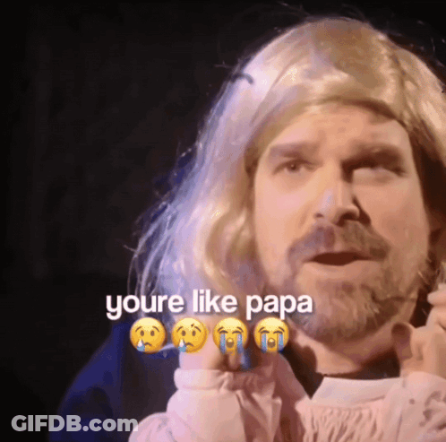 A Man In A Wig Says " You 'Re Like Papa " While Crying GIF