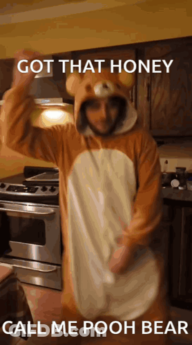 A Man In A Winnie The Pooh Bear Costume Is Dancing GIF