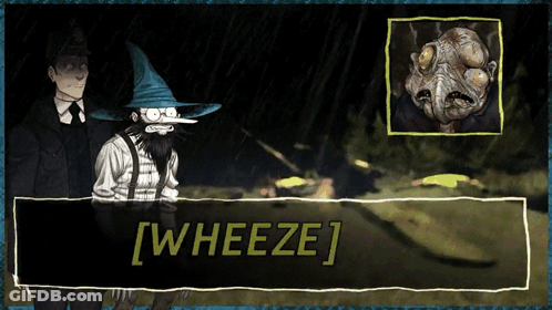A Man In A Wizard Hat Stands Next To Another Man In A Suit And Tie With The Words Wheeze On The Bottom GIF