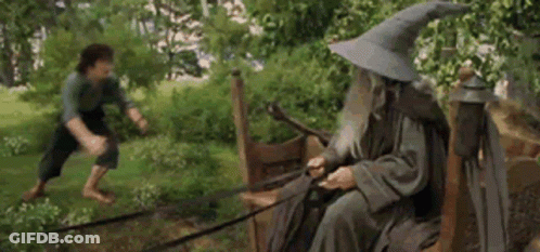 A Man In A Wizard 'S Hat Is Hugging Another Man In The Woods . GIF