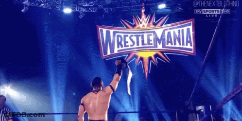 A Man In A Wrestling Ring With A Wrestlemania Logo Behind Him GIF