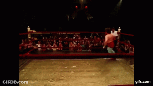 A Man In A Wrestling Ring With His Arms Outstretched . GIF