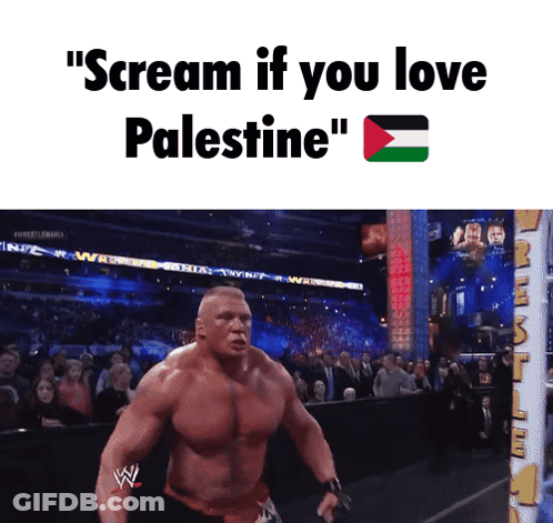 A Man In A Wrestling Ring With The Words " Scream If You Love Palestine " Below Him GIF